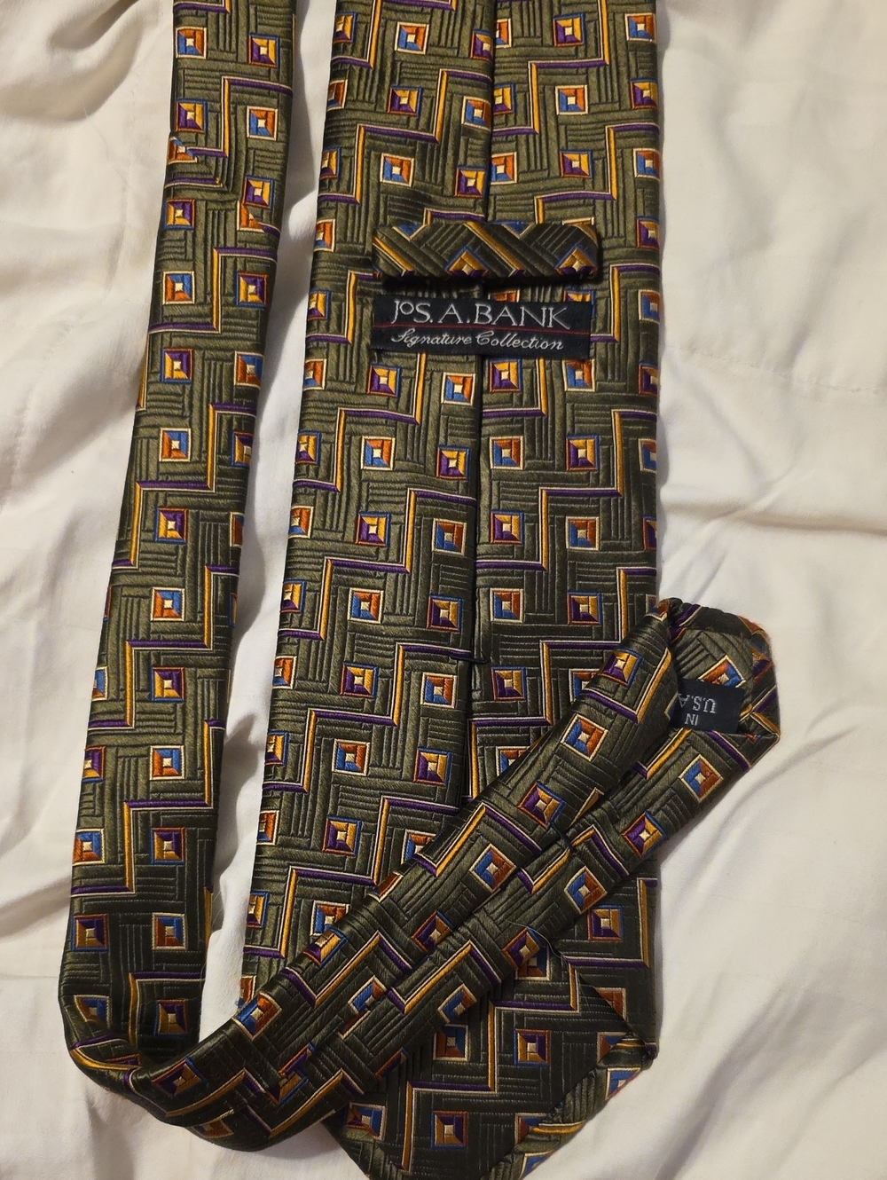 Jos. A. Bank Olive Geometric Silk Tie with Purple and Gold Accents